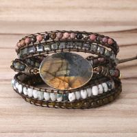 Labradorite stone vintage Leather Bracelet Mix Stones beads Women 5 Layers Wrap Bracelet Boho handmade Bracelet Jewelry gift