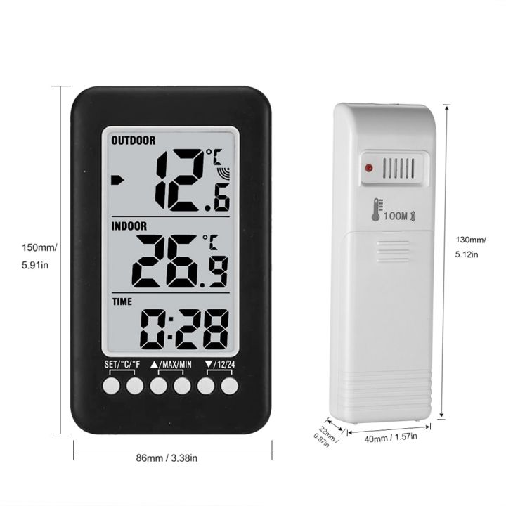 เครื่องวัดอุณหภูมิสัญญาณนาฬิกาเครื่องวัดอุณหภูมิแบบดิจิตอลไร้สายพร้อมเครื่องส่งสัญญาณ-lcd-ในร่ม-เครื่องวัดอุณหภูมิกลางแจ้ง
