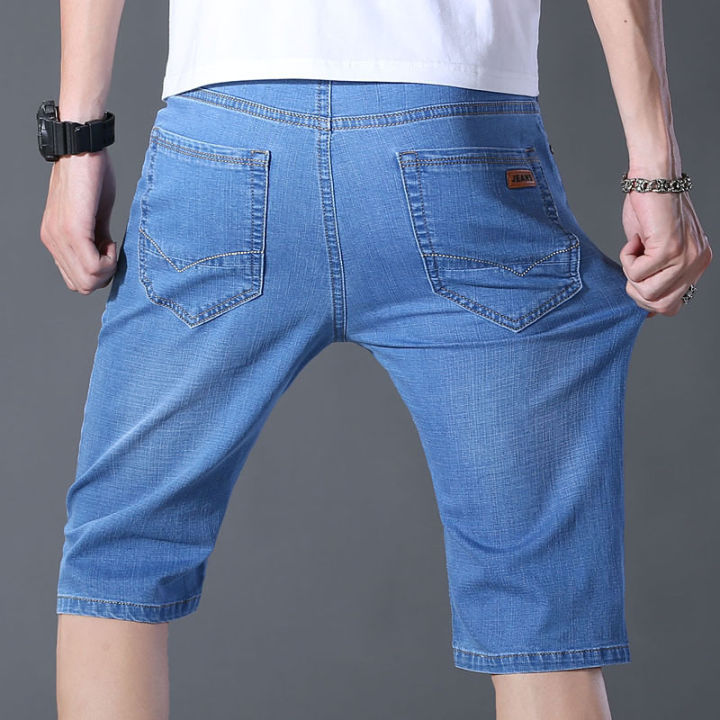 คุณภาพสูง-celana-pendek-denim-ของผู้ชายผ้าคอตตอนกางเกงยีนส์ชายขาสั้นสีล้วนทรงหลวมลำลองขาสั้น-celana-pendek-denim-เรียบง่าย