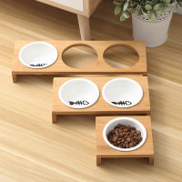 3 Bowls Cat Dog Feeders Bowl Ceramic Food Tableware Water Bowl Bamboo Frame Antiskid Dog Cat Feeding Bowl Supplies