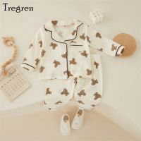 Tregren Kids Girls Casual Pajama Sets Cartoon Bear Printed Long Sleeve Front Pocket Lapel Tops+Printed Long Pants Homewear 1-6Y