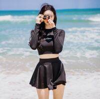 GanGdun 2 Pcs Korean Womens Swimsuit Sports Casual Swim Dress Long Sleeve Swimsuit Black Suit