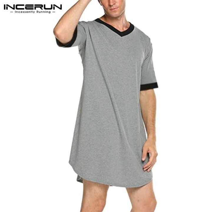 xiaoli-clothing-incerun-ชุดคลุมนอนสีทึบชุดนอนกลางคืนผู้ชายงานเย็บปะแฟชั่นชุดนอนชายชุดคลุมอาบน้ำแขนสั้นทรงหลวม-s-5xl-ชุดนอนผูกคอ