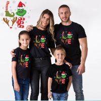 Love Christmas Grinch เสื้อยืดการ์ตูนคริสต์มาสสีดำครอบครัวคริสต์มาสจับคู่ชุดเสื้อยืดบอดี้สูทของขวัญคริสต์มาส