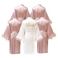 【LZ】❐♠♕  2023 Novas Mulheres FEATHER Noiva dama de honra Wedding Robe Satin Kimono Roupão Vestido Pijamas Bordado Carta Camisola Lingerie