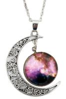 Women Galactic Glass Cabochon Pendant Crescent Moon Necklace(Color numbers:2498)