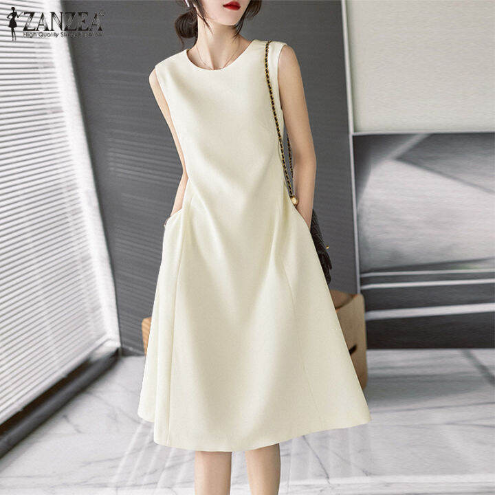 ZANZEA Korean Style Women's Dresses Sleeveless O Neck Slims Fit Flare Midi Dress Party Dress 11