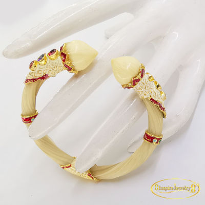 Inspire Jewelry ,กำไลหางช้าง ประดับหัวบัวกระดูกช้างแท้ สีขาวหางช้างเผือกแท้/ดำแท้ ตัวเรือน ชุบทอง24K ลงยาคุณภาพ สวยหรู ฝังพลอย