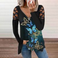 2022 Spring Autumn Hot Drilling Zipper V Neck Long Sleeve T-Shirt Women Sexy Casual Loose Fashion Hollow Out Retro Shirt Top 5XL