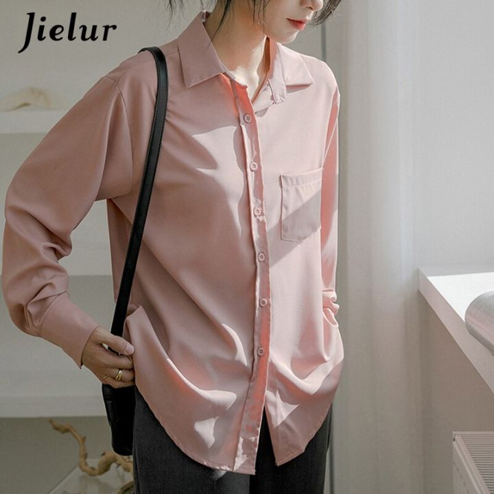 jielur-เสื้อเบลาส์ผู้หญิงวินเทจมีกระเป๋าหลวมผ้าชีฟอง5สีสำหรับสาวออฟฟิศ-kemeja-hitam-แฟชั่น-s-xl-เสื้อสตรี