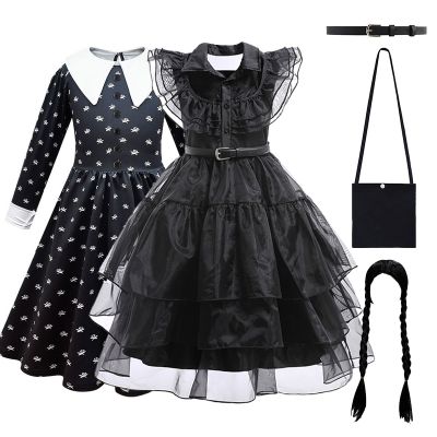 Wednesday Cosplay For Girl Costume Movie Addams Carnival Halloween Black Events Dress For Kids Girls Party Dresses Vestido 4-12Y