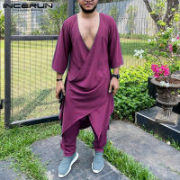 INCERUN ชุดมุสลิม Fesyen Lelaki Baru V-Leher Swarna 34 Lengan Jubah Seluar Lelaki Jualan Panas A Dukeping S-5XL