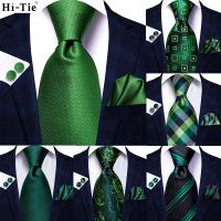 Hi-Tie Designer Green Solid Striped Paisley Silk Wedding Tie For Men Necktie Hanky Cufflink Fashion Business Party Dropshipping