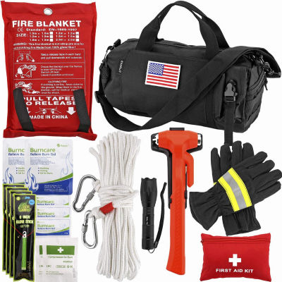 EVERLIT Survival Emergency Fire Safety Kit with Fire Blanket, Heat Resistant Gloves, Escape Rope, Glass Hammer, Glow Sticks, Flashlight, First Aid Supplies with Burn Injury Care Treatment and More