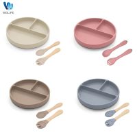 Baby 3pcs/set Safe Silicone Tableware Set Children Sucker Dining Plate Wood Fork and Spoon Kids Feeding Training Dishes BPA Free Bowl Fork Spoon Sets