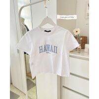 ST622 เสื้อครอปเอวลอย คอกลม แขนสั้น  ปัก HAWAII U.S.A  ตัดปลายชาย? (No Brand )