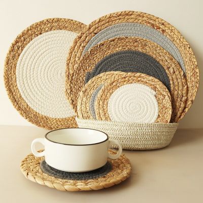 1Pc 36cm Straw Cotton Rope Mixed Woven Dining Table Insulation Placemat Coaster Pan Mat Kitchen Accessories Decoration