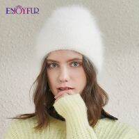 [Fine Jewelry] ENJOYFUR ผู้หญิง WinterAngora Rabbitats หนาอบอุ่นแฟชั่นสีทึบขนสัตว์ถักหมวกหมวกหมวกหญิง