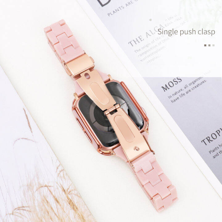 สายเรซิ่น-เคสสำหรับเข้ากันได้กับ-apple-watch-7-6-5-se-สายคล้องคอ-เคสแฟชั่นเอวเล็ก-pc-สีทึบสำหรับ-i-watch-band-45mm-41mm-สายเรซิ่นเทียม