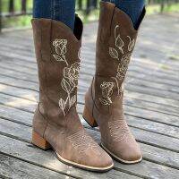 NianMiao Womens Rose Embroidered Western Boots, Retro Square Toe Chunky Heeled Cowgirl Boots, Classic Mid Calf Boots