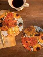 High-end MUJI Placemat waterproof and oil-proof wash-free table mat round desktop insulation mat Art Van Gogh Sunflower Leather Coaster Mat