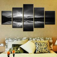 Mountain &amp; River Moon Night Reflection ภาพวาดผ้าใบ-HD 5แผง Wall Art Decor สำหรับบ้าน-โปสเตอร์ศิลปะที่สวยงาม-ไม่รวมกรอบ