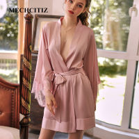 MECHCITIZ y Lace Robe Female Intimate Lingerie Sleepwear Casual Kimono Silk Satin Bathrobe Gown Nightgown Elegant Nightwear