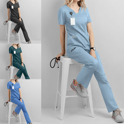 Xinyi3 Womens Medical ชุดขัดชุด Breathable Doctor ชุดพยาบาล Medical Scrubs กางเกง V-Neck TOP Drawstring กางเกงทำงานผ้าสบาย 5 กระเป๋ายืดใหม่