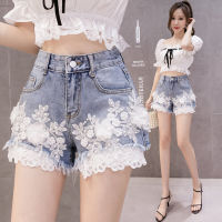 2020 autumn new womens Korean fashion embroidered flowers high waist loose and thin wide leg denim shorts