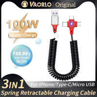 VAORLO 5A 100W สายชาร์จเร็วแบบสปริงยืดหดได้3 IN 1 1.8ม./USB เป็น TypeC ไมโคร USB ไลท์นิ่ง1.5ม. สายชาร์จสามารถใส่ได้กับ iPhone Xiaomi Redmi Huawei Infinix Oppo Vivo แอนดรอยด์