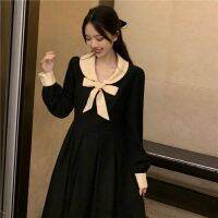 Size 6XL 150kg Women Long Dress Autumn Winter Black Dress Long Sleeve Bow Neck Elegant Women Dress Large Vestidos Fall Clothes