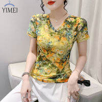 YIMEI เสื้อยืดลายตาข่ายคอวีแขนสั้นพิมพ์ลายดอกไม้ฤดูร้อนแฟชั่น2023เข้ารูปพอดีและแฟชั่นจากกวางโจว