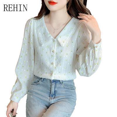REHIN เสื้อแขนยาวมีปกสำหรับผู้หญิง,เสื้อแฟชั่นพิมพ์ลายโรแมนติกคลาสสิกแบบฝรั่งเศสใหม่ฤดูใบไม้ผลิ