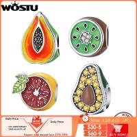 WOSTU 925 Sterling Silver Papaya Kiwi Fruit Beads Rainbow Zircon Charms For Women Fit Original celet Bangle Jewelry Making