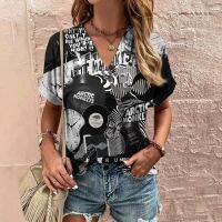 Women T-Shirt Hip Pop Band Splice Pattern 3d Print T-Shirt Y2k Top Casual Streetwear Plus Size T-Shirt Women V-Neck Short Sleeve