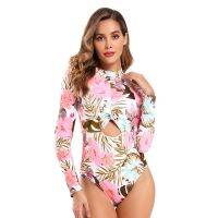 Long-Sleeve Siamese Womens Swimsuit Zipper Printed Swimsuit Surfing Suit Diving Beach Suit Pink Flowers on White