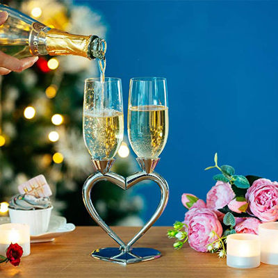 2pcs Wedding Champagne Flute Glass Cup Bride Groom Heart Shaped Silver Toasting Crystal Wine Glass Goblet Engagement Anniversary