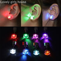 【♡Lovely girls house♡】ต่างหูตุ้มหูเพทายสี่เหลี่ยม LED มีสีสันเปล่งแสงสำหรับผู้ชายและผู้หญิงเครื่องประดับอัญมณีตุ้มหูเม็ดกลมที่หูสำหรับปาร์ตี้บาร์