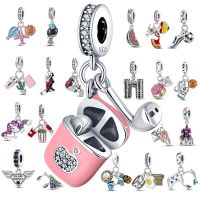 New 925 Silver Pink Earphones Charm Shiny Zircon Beads Fit Pandora 925 Original Bracelets Fashion DIY Woman Jewelry
