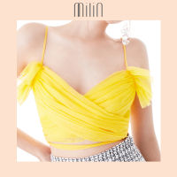 [MILIN] Wave chiffon draped cross front with frill top เสื้อสายเดี่ยว ผ้าชีฟอง เดรปไขว้หน้า แต่งระบายและสายผูกเอว Monach Top สีชมพู/ สีม่วง/ สีเหลือง/ สีเบจ