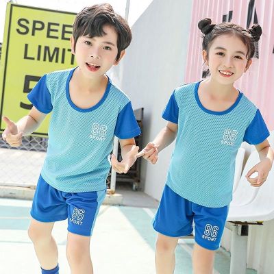 90-160CM Childrens Short-Sleeved Suit Outdoor Sports Baby Homewear Two-Piece Contrast Color Basketball Uniform Casual T-Shirt Quick-D