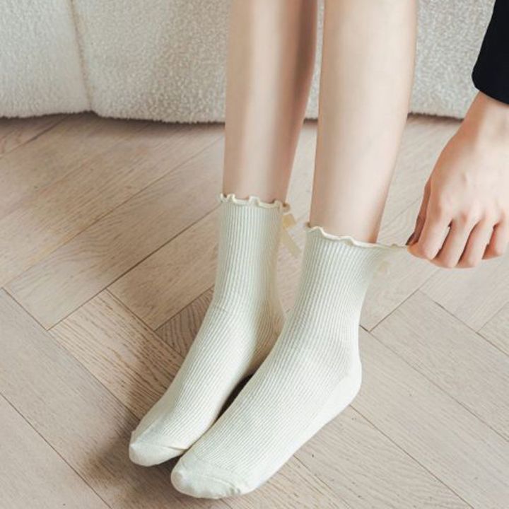 ololdan-วินเทจน่ารักสำหรับเด็กผู้หญิง-jk-โบว์สีทึบถุงเท้าทรงท่อถุงเท้าคอตตอนญี่ปุ่นโลลิต้ามีระบายถุงเท้าลูกไม้