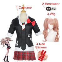 【ร้อน】อะนิเมะ Danganronpa เครื่องแต่งกายคอสเพลย์ Enoshima Junko เครื่องแบบคาเฟ่เสื้อผ้าทำงานกระโปรงสั้นคู่หางถักเปียวิกผม