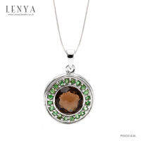 Lenya Jewelry  จี้ LenYa ประดับพลอยสโมคกี้ควอทซ์ (Smoky Quartz) เม็ดโต ล้อมด้วยพลอยซาโวไรท์ (Tsavorite) ตัวเรือนเงินแท้ชุบทองคำขาว