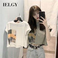 IELGY IELGYฤดูร้อนหลวมสไตล์เกาหลีชุดครอปเอวสูงเสื้อเอวลอยแขนสั้นเสื้อยืดหญิงน้ำอิน