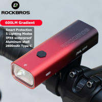 ROCKBROS ไฟหน้าจักรยาน600LM Gradient สีฟ้า/สีแดงอลูมิเนียม Shell Bike Light 5โหมดกันน้ำอัจฉริยะอุณหภูมิควบคุมไฟฉายจักรยานอุปกรณ์เสริม