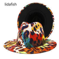 lidafish New Two-color Patchwork Fedora Hat for Women Man Fashion Leopard Print Wide Brim Church Party Hat Felt Jazz Hats