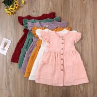 Girls Summer Fly Sleeve Dress Solid Color Round Collar Single-breasted Tutu Dresses with Pockets Kids Princess Casual Outfits  by Hs2023