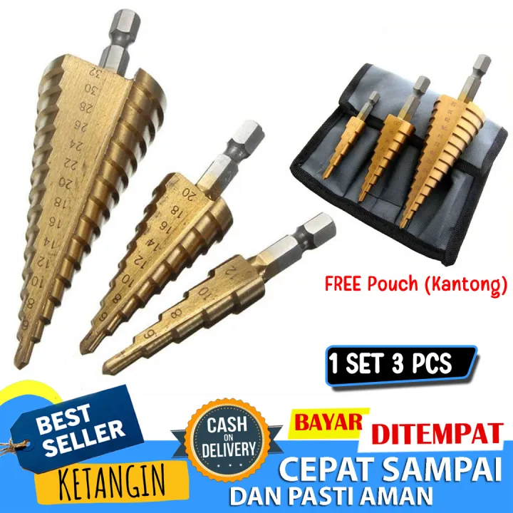 Taffware Mata Bor Spiral Titanium Coated 3pcs Mata Bor Piramida Pagoda Untuk Besi Kuat Drill 5055