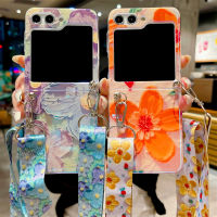 เคสโทรศัพท์ซิลิโคนพับได้สายคล้องแบบคาดตัวลายดอกไม้ Flip5บลูเรย์ปลอกสำหรับ Samsung กาแลคซี Z แบบหรูหรา5 Z